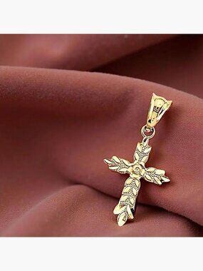 14K Gold Floral Cross Pendant | Rose Leaf Cross Charm Pendant Gift